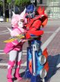 Bonita attempts to dry hump an Optimus cosplayer in the parking lot while they push her away.